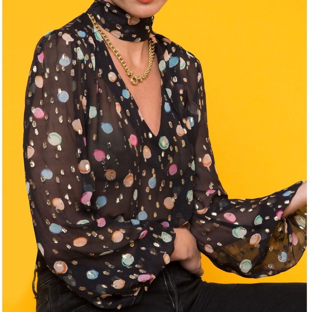 RIXO London Moss Watercolour Spot Metallic Pastel Polka Dot Sheer Silk Blouse